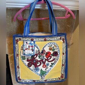 NWT Brighton Tied With Love Heart Floral Bird Large yellow blue canvas tote bag